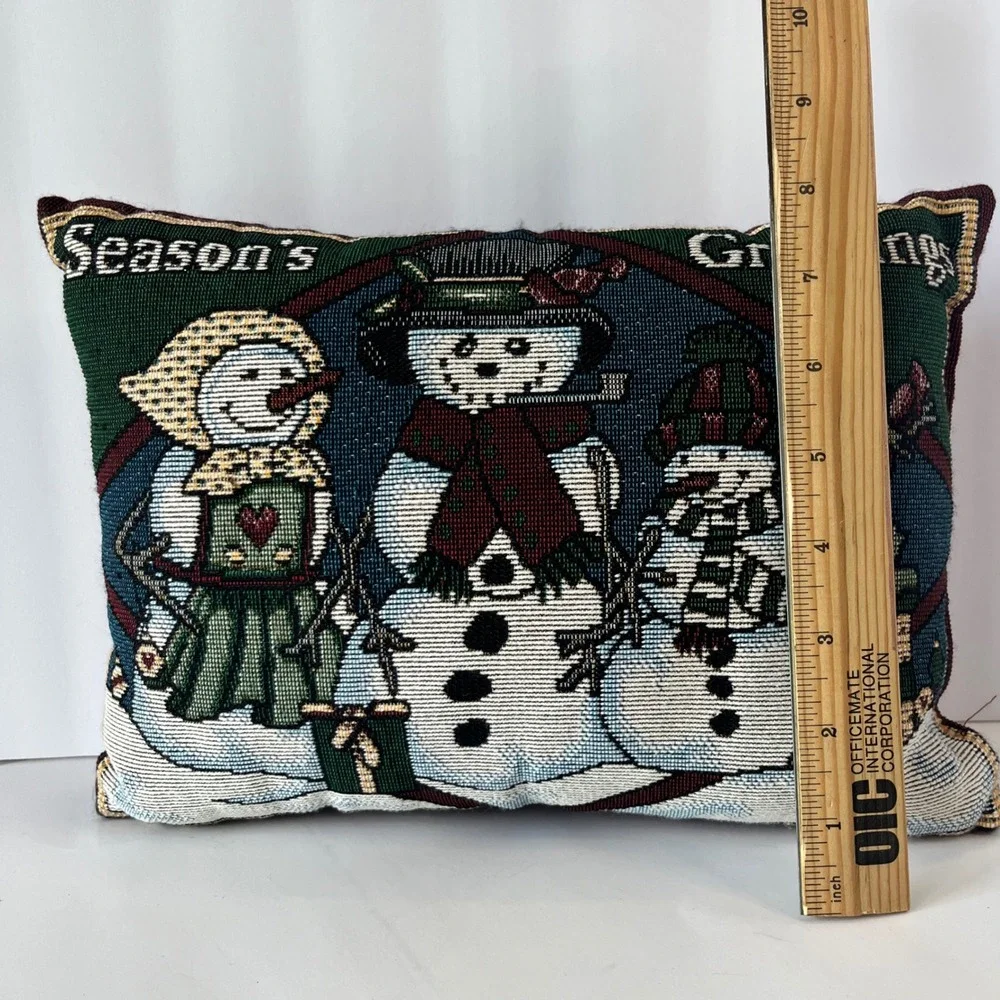 VTG Seasons Greetings Snowman Family Tapestry Throw Pillow Holiday Decor 12x9
